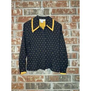 VTG Black Button Up Long Sleeve Blouse fleur-de-lis Small Petite Business Office